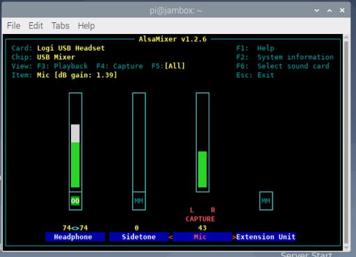 ALSA mixer screen showing Mic gain control